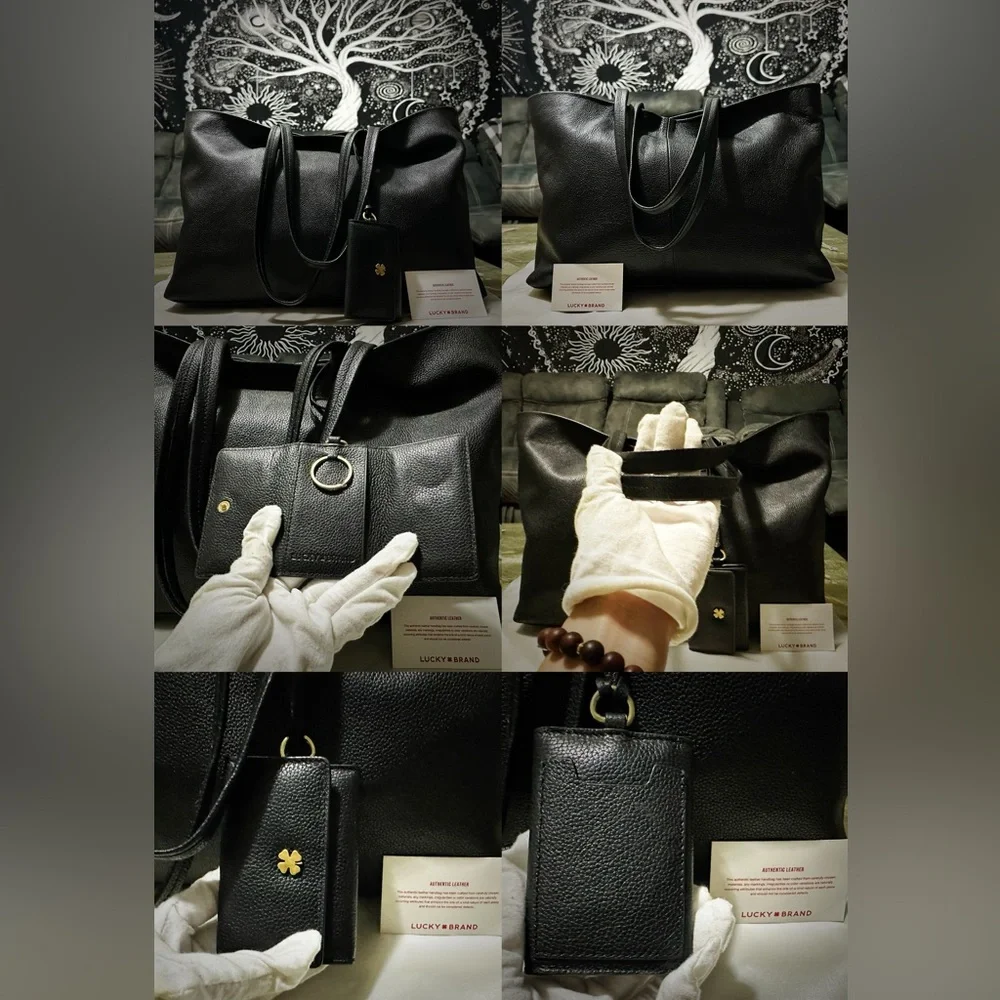 Vintage Y2K Lucky Brand Black soft Leather Tote Bag with keychain wallet laptop - Picture 9 of 17